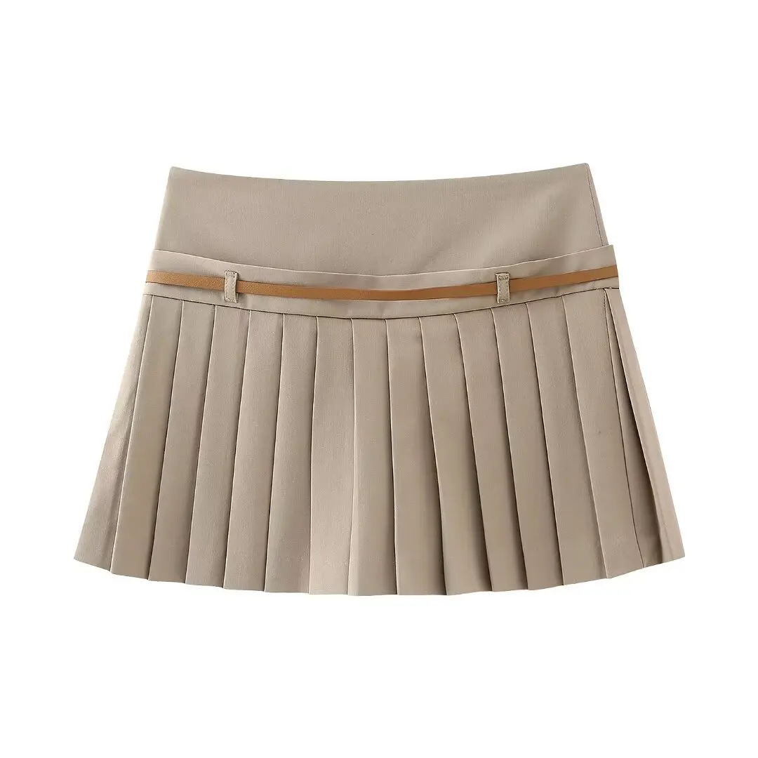 DUOPERI Women Fashion Solid Pleated Mini Skirt Shorts High Waist With Belt Female Chic Lady Casual Shorts