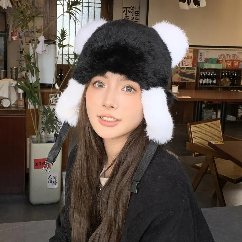 

Real Rex Rabbit Fur Hat Bear Ear Protection Hat Warm Thick Baotou Hat Windproof Warm Fur Lei Feng Hat Women Fluffy Bomber Hat