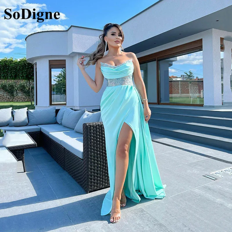 

SoDigne Sky Blue Mermaid Evening Dresses Dubai Pleats Prom Party Dress Sexy Slit Formal Women Evening Gowns