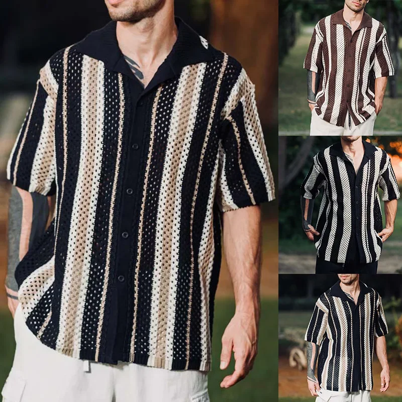 

Винтажная вязаная рубашка на пуговицах с лацканами для мужчин, летние повседневные дышащие рубашки для отдыха, мужские модные полосатые вязаные топы