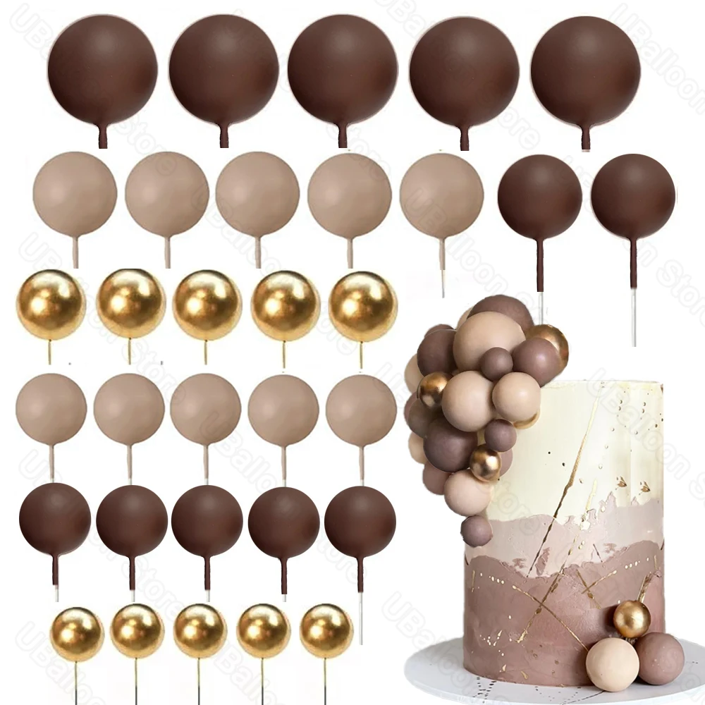 Boho Brown Balls Cake Decoration 2-4cm Metal Gold Light Dark Brown Balls Cake Toppers for Baby Shower Birthday Wedding Cake Deco