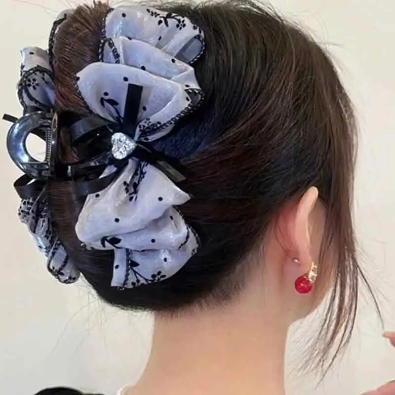 1개 여성용 멀티 컬러 라인스톤 하트 메쉬 리본 헤어 클립 양면 버블 그립 푹신한 헤어 집게 스타일리쉬 헤어 액세서리