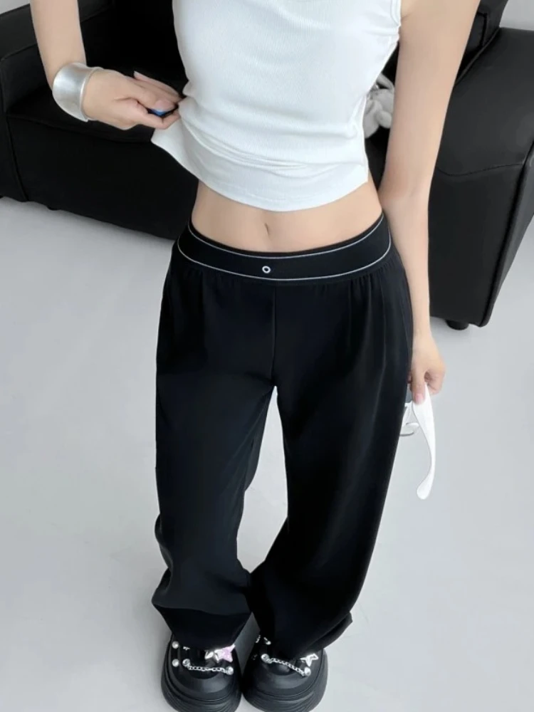 ハイウエストストレートパンツ女性アメリカンスタイルストリートウェア黒ワイドレッグパンツ女性レジャールーズ弾性ウエストパンツ
