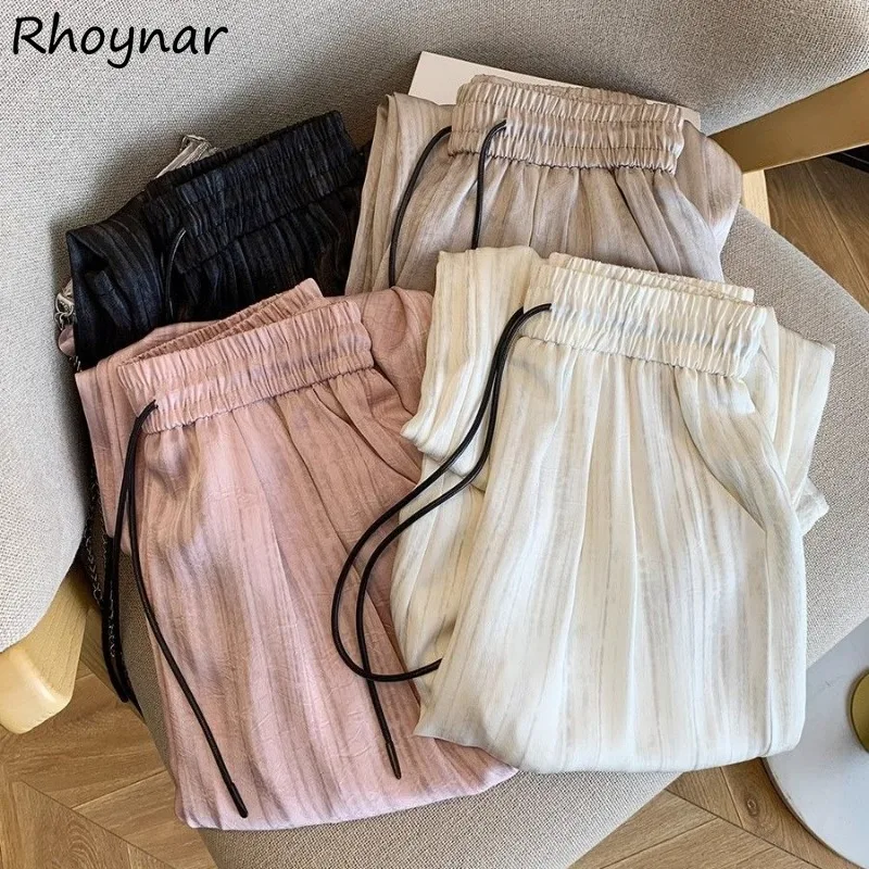 

Striped Casual Pants Women Korean Style Elastic Waist Lace-up Lazy Straight Drape Casual All-match Daily Elegant Cozy Summer