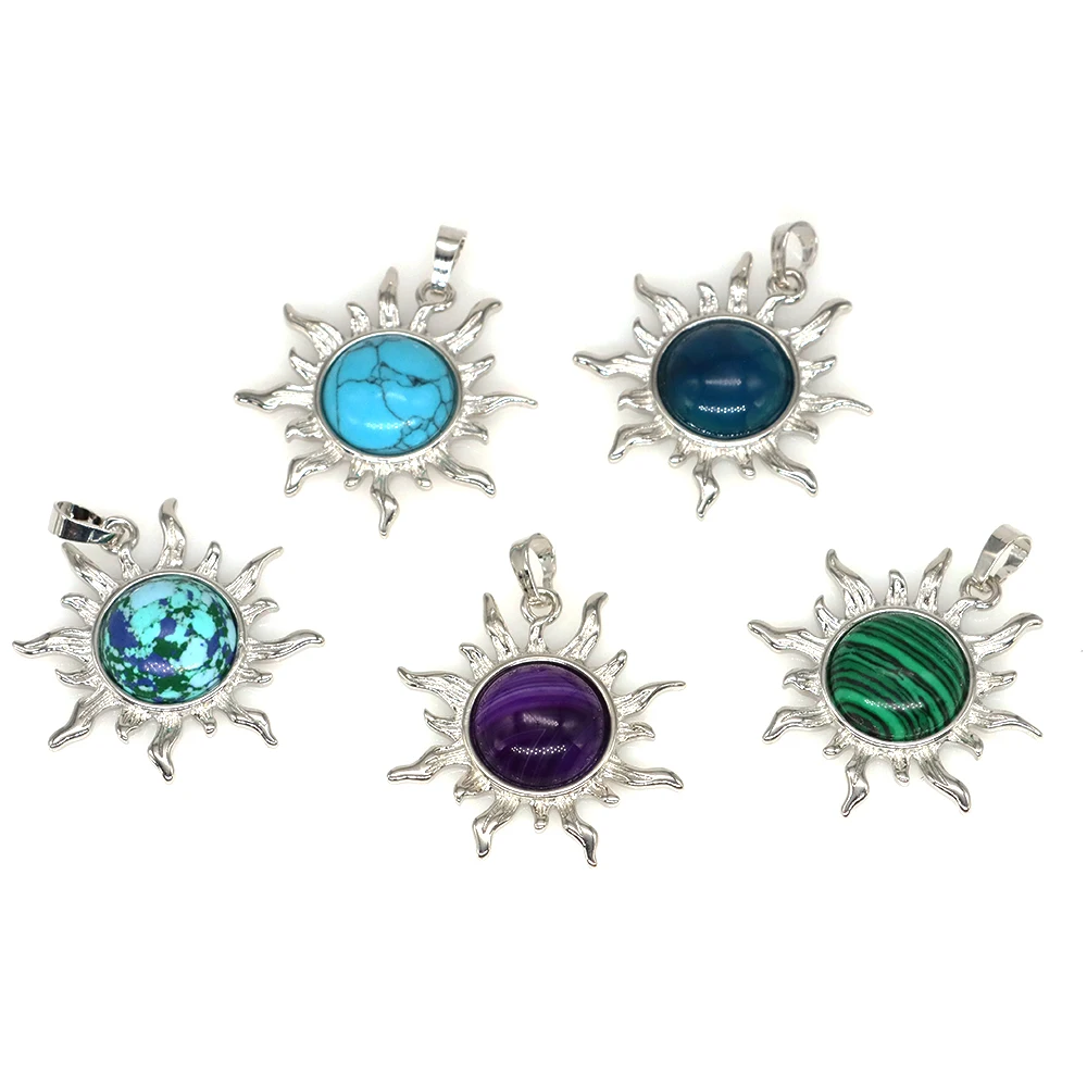 Natural Stone Sun Flower Pendant Vintage Healing Crystal Necklace Retro Style Round Amethysts Lucky Gems JewelryAccessories Gift