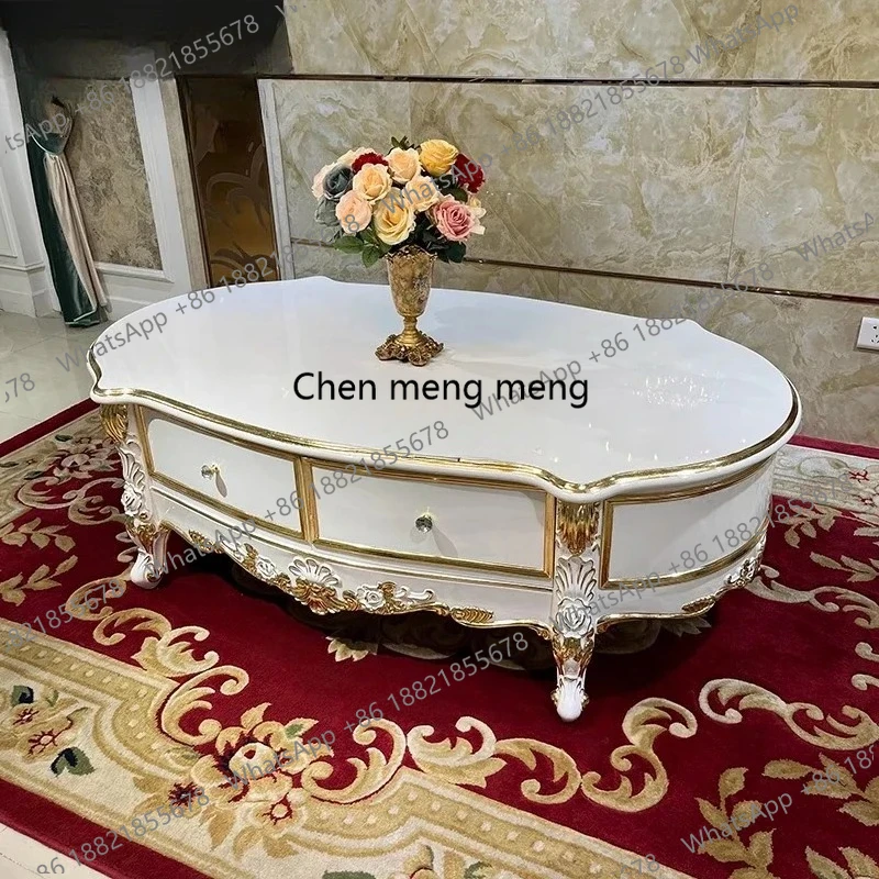 

French solid wood oval coffee table, European style fashionable neoclassical solid wood tea table with drawers