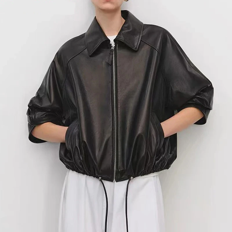本革の服女性ラペル巾着シルエットショートコート女性本物のシープスキンバルーンジャケットボンバーファム