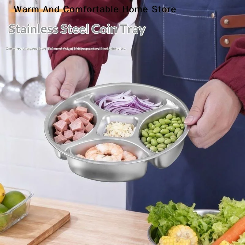 【W】1PC Round Stainless Steel Divided Serving Tray,5-Compartment Stackable Prep Dish For Spices,Condiments,Snacks & Meal Prep