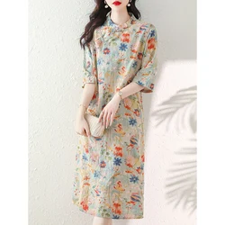 Vintage Stand Collar Button Printed Color Floral Dress Women's Clothing Autumn New Loose Office Lady Party Dresses