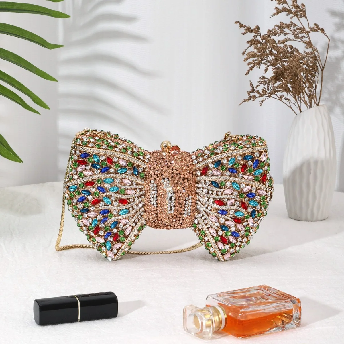 

High-end Luxury Heavy Industry Shiny Rhinestone Bow Crystal Chain Alloy Socialite Full Of Diamonds Holding Dinner Bag Gold Purse
