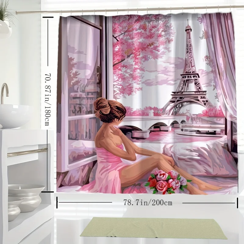 YWJHUI Romantic Paris Eiffel Tower Shower Curtain, Cartoon Design Polyester Bathroom Decor, Water-resistant Knit Weave, Machine