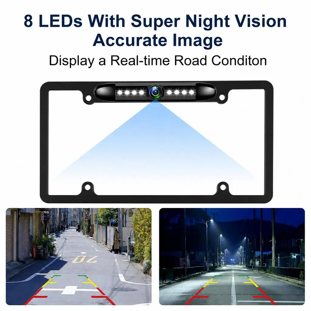 Universal Backsight Camera for Car Pickup SUV Truck Sedans US License Plate Metal Frame Rear View Backup HD Camera 8 LED Light