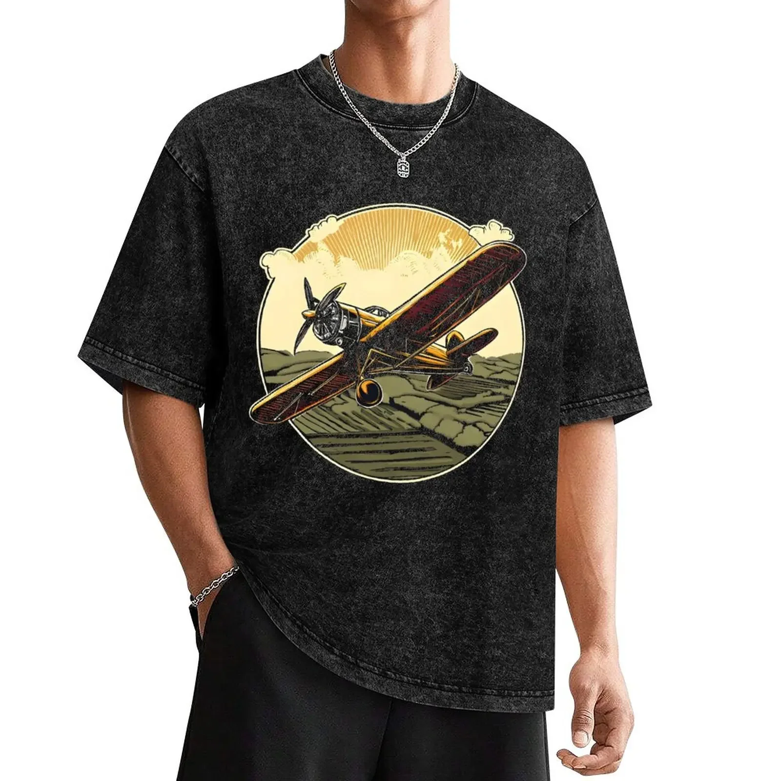 A vintage biplane soaring over a countryside with a propeller spinning in motion. T-Shirt aesthetic clothes anime mens clothes