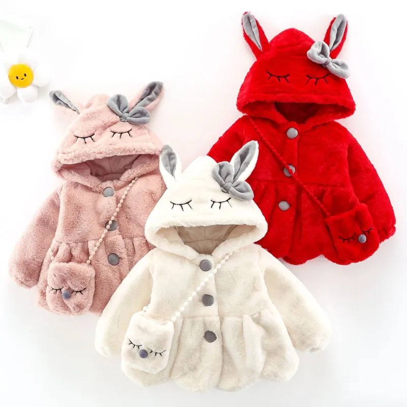 

Girls Cute Rabbit Ears Plush Baby Jacket Kids Autumn Winter Warm Hooded Cashmere Coat Christmas Princess Outerwear Clothes New