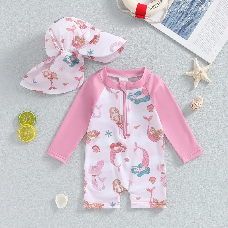 

Baby Girl's Bathing Suit Set Sea Shell Print Long Sleeve Rash Guard Swimsuit Wide Brim Sun Hat Infant Toddler Beachwear