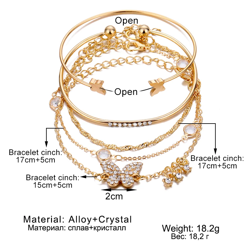 ALIUTOM 5pcs/set Butterfly Bracelets Set Gold Color Chain Pack Bracelets Woman Fashion 2022 Crystal Bracelet Jewelry for Women