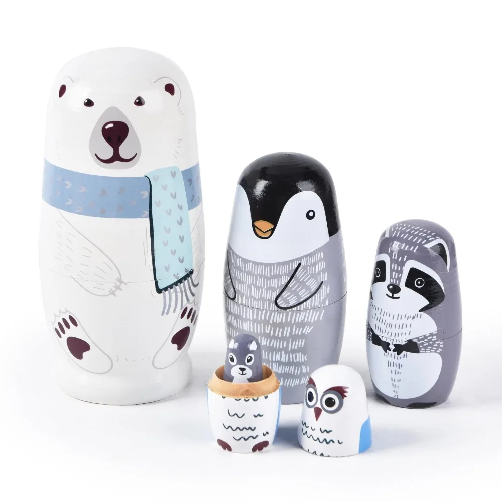 5Pcs Creativity 6" Tall Russian Nesting Doll Wooden Polar Bear Stacking Dolls Toys Gift Handmade Matryoshka Ornaments for Kids