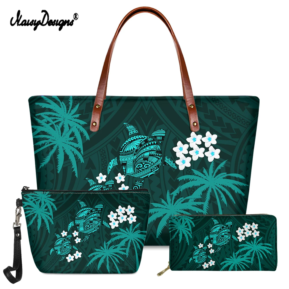 

NOISYDESIGNS Fashion Ladies Shoulder Bag And Long Purse 3pcs/set Hawaiian Plumeria Turtle Print Women's Soft Handbag Female Gift