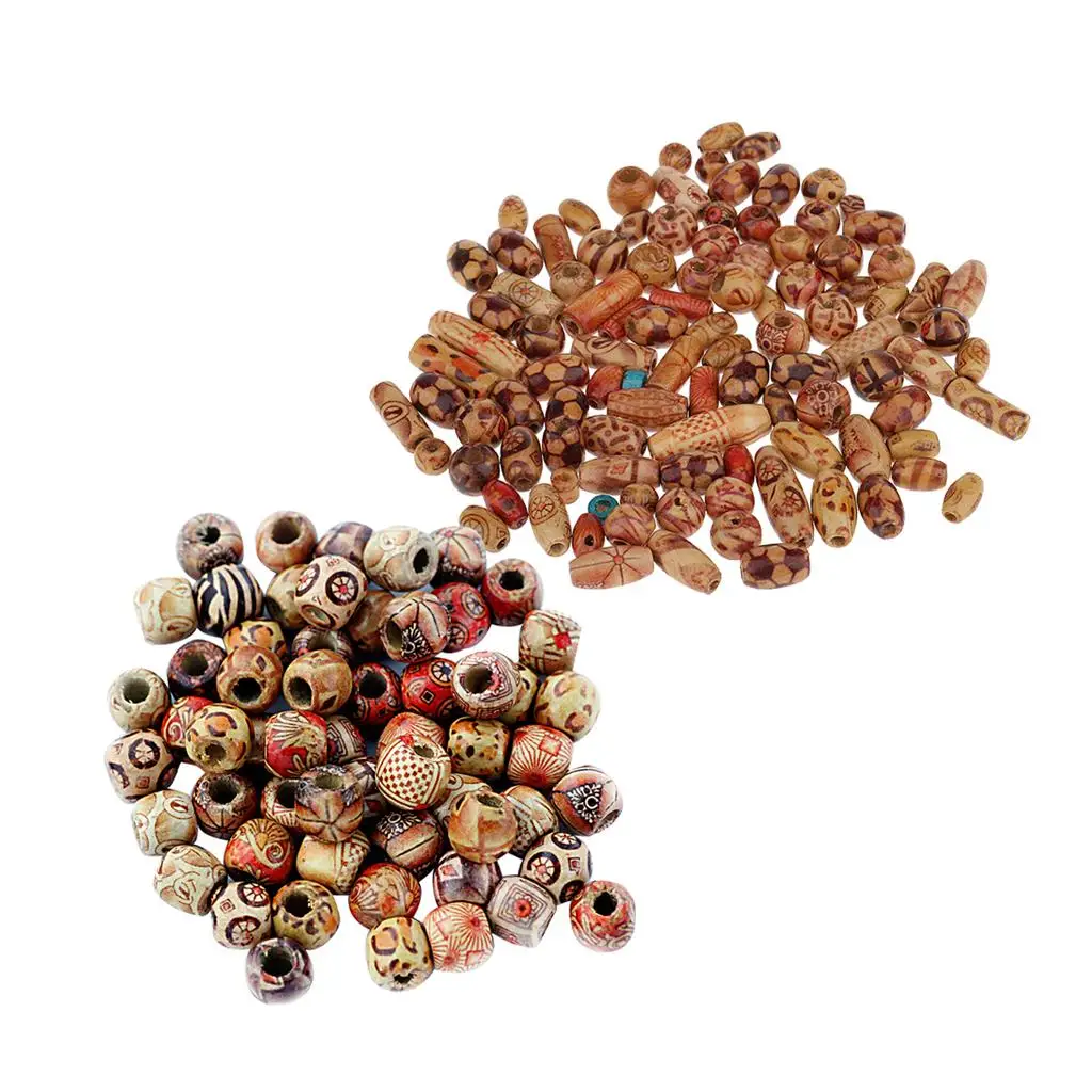 200 Pieces Mixed Large Hole Ethnic Pattern Stringing Wood Beads Jewelry Charms Findings