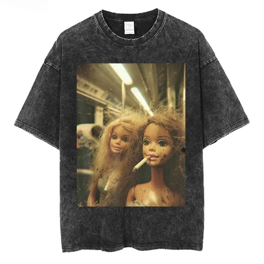 2026 Funny Distressed Doll Face Meme Smoking Oversized T Shirt Summer Cotton Vintage Washed T-shirt for Men Women