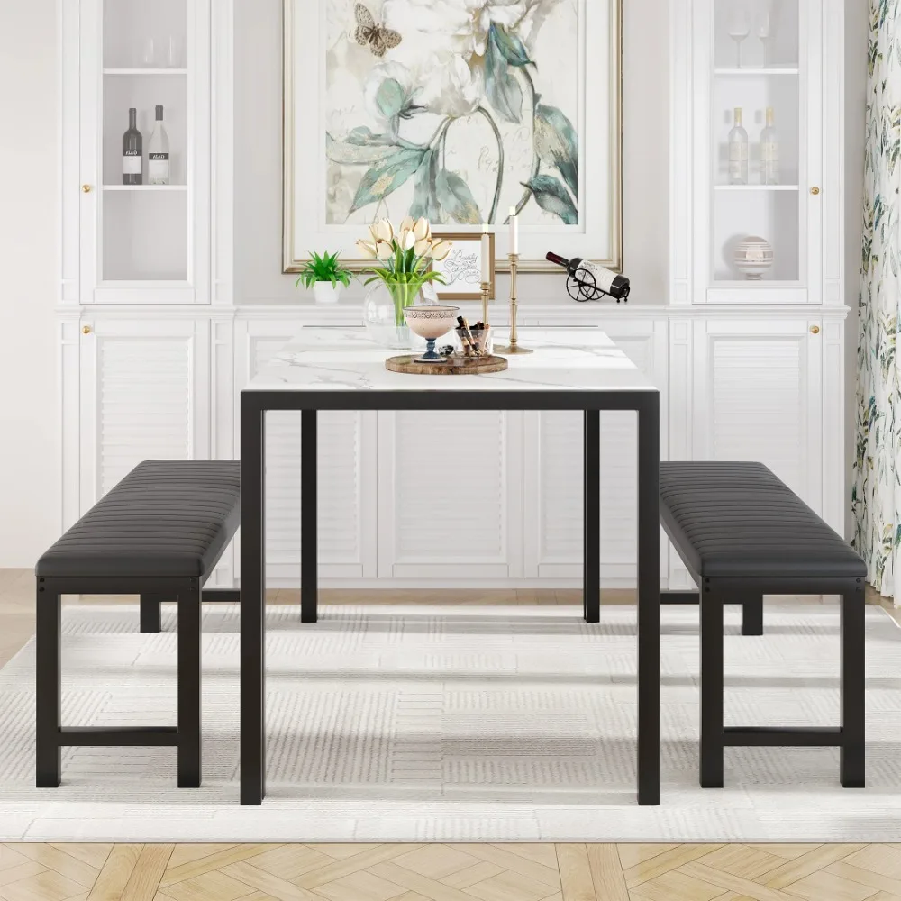 

Dining Room Table Set,3Piece Marble Top Breakfast Nook Dining Table Set with 2 Upholstered Benches,Kitchen Table Set Metal Frame