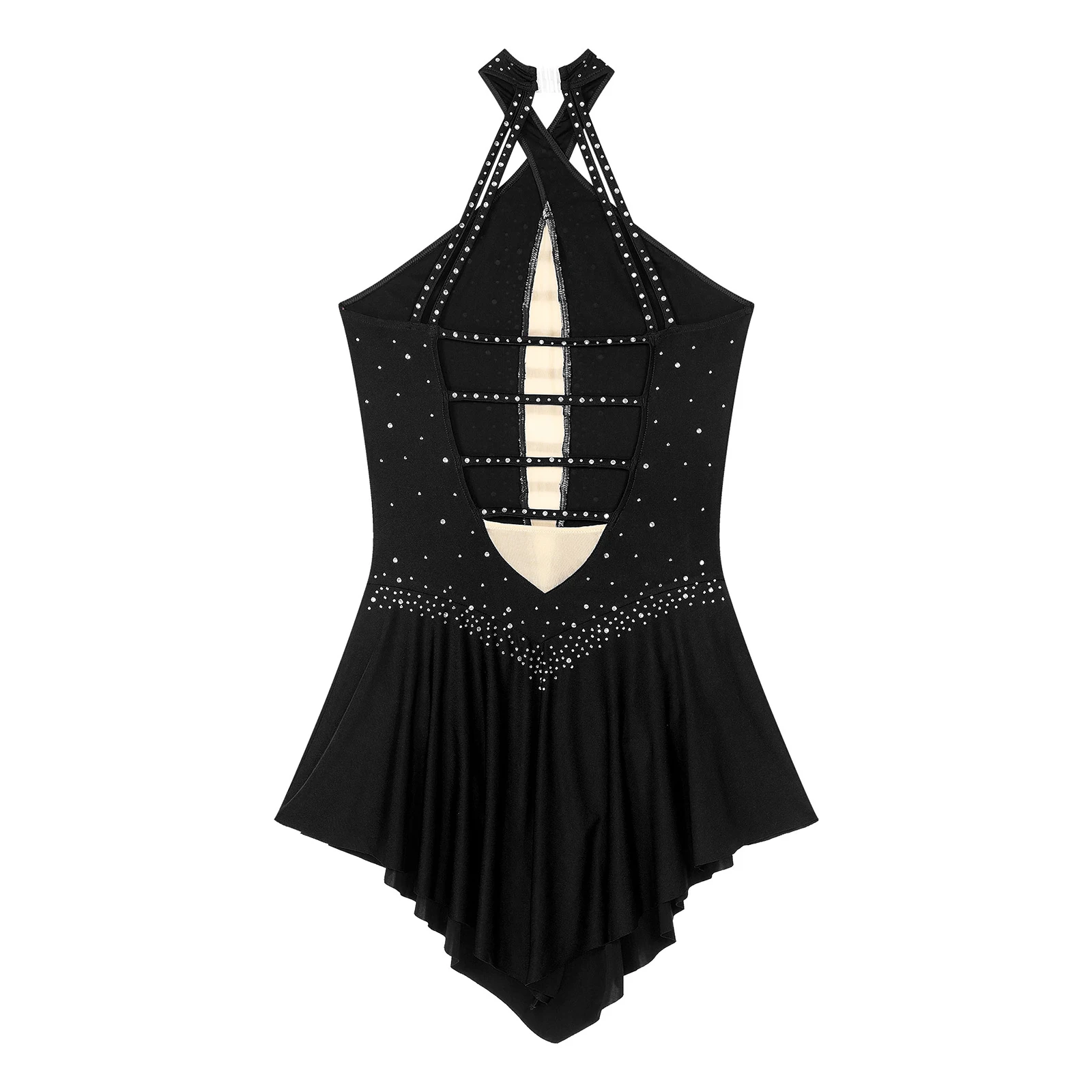 Women Lyrical Dance Performance Clothes Figure Skating Ballet Gymnastics Leotard Dress Sleeveless Halter Rhinestone Dancewear