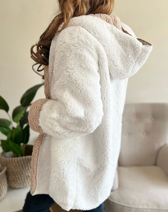 Elegant Colorblock Open Front Pocket Design Hooded Reversible Fleece Teddy Coat 2025 Autumn Winter Spring New Fashion Casual