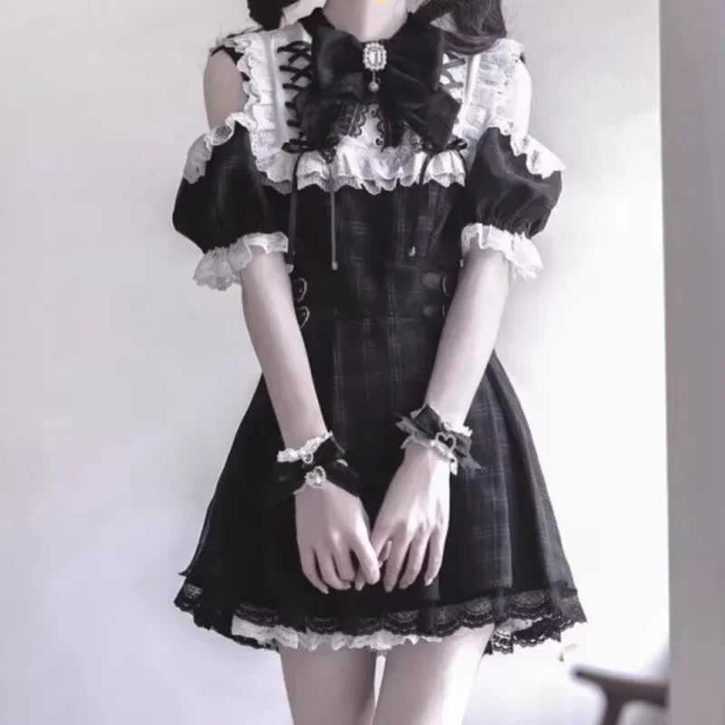 

Lace Bow Y2K Dresses Summer Sweet Department College Off Shoulder Contrasting Cinched Waist Dresses Versatile 2 Piece Set New