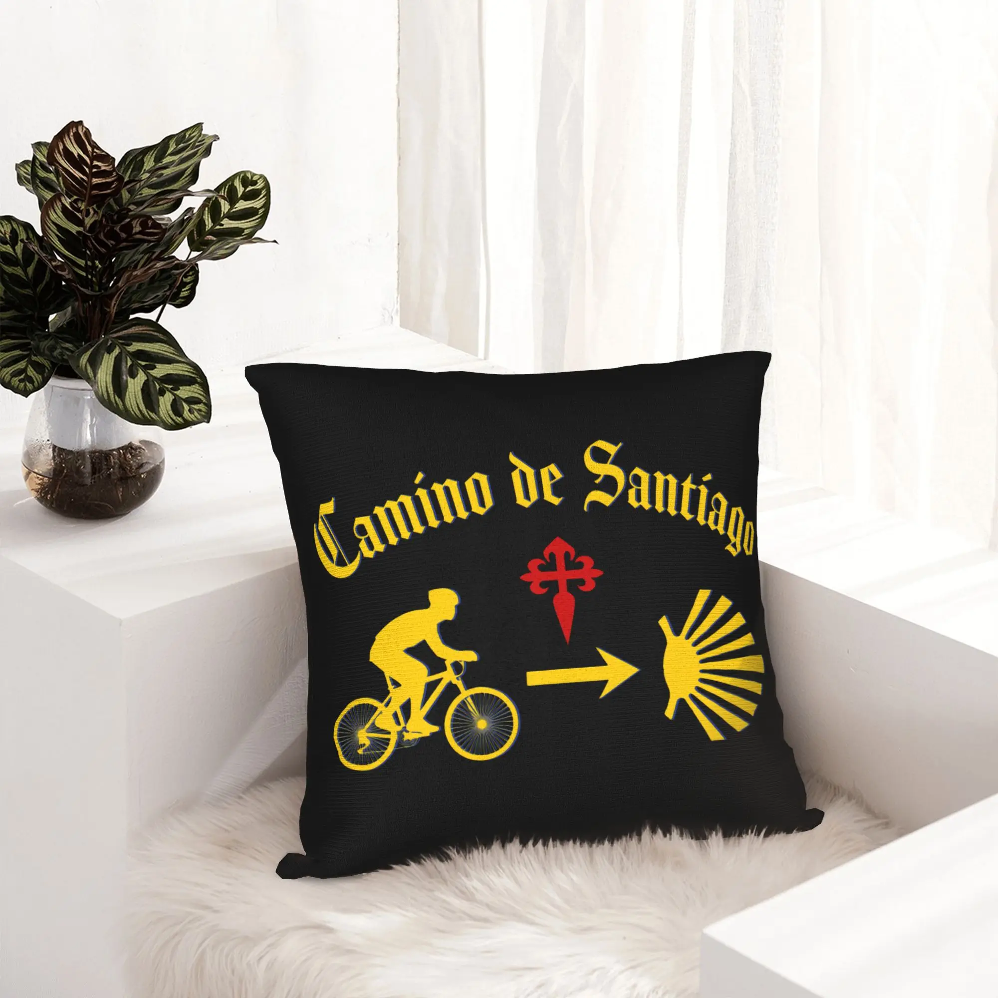 Camino de Santiago Typography Man Riding a Bicycle Yellow Arrow Scallop Shell Red Cross Nordic Pillow Cover  Decoration  Cushion