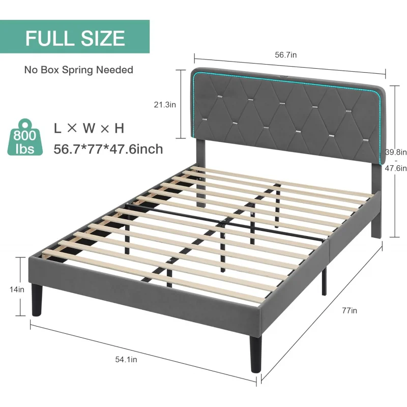 VLO Upholstered Full Bed Frame with Headboard Adjustable,Velvet Platform Bed with LED Lights,Charging Station,Mattress Founda