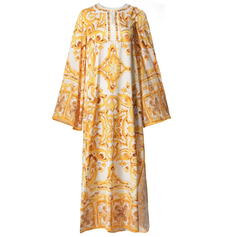 HIGH QUALITY Luxury Designer Inspired Maxi Dress Runway Fashion Summer Women Yellow Porcelain Printed Kaftan Dress  Plus Size