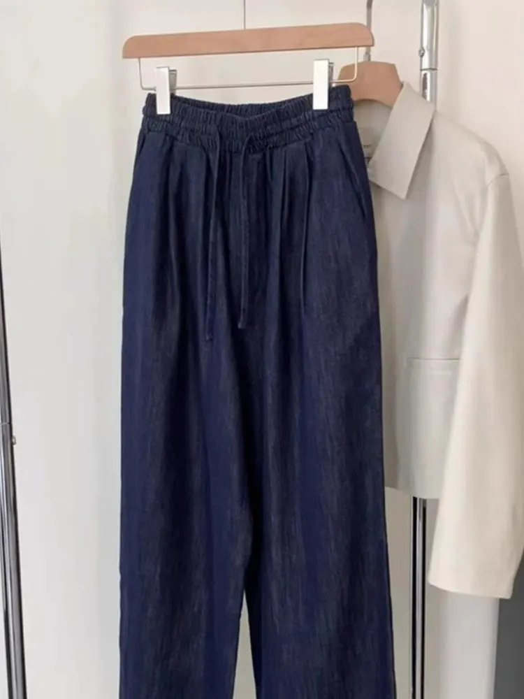Pantalones de pierna ancha versátiles, pantalones largos informales de cintura alta para ir al trabajo, pantalones vaqueros azules holgados drapeados con cintura elástica