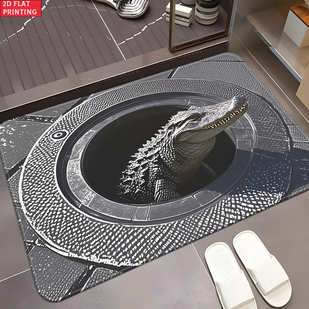 1pc 2D Flat Creative Crocodile Trash‑Can Lid Area Rug, Absorbent Machine‑Washable Polyester Mat for Outdoor, Bathroom, Bedroom