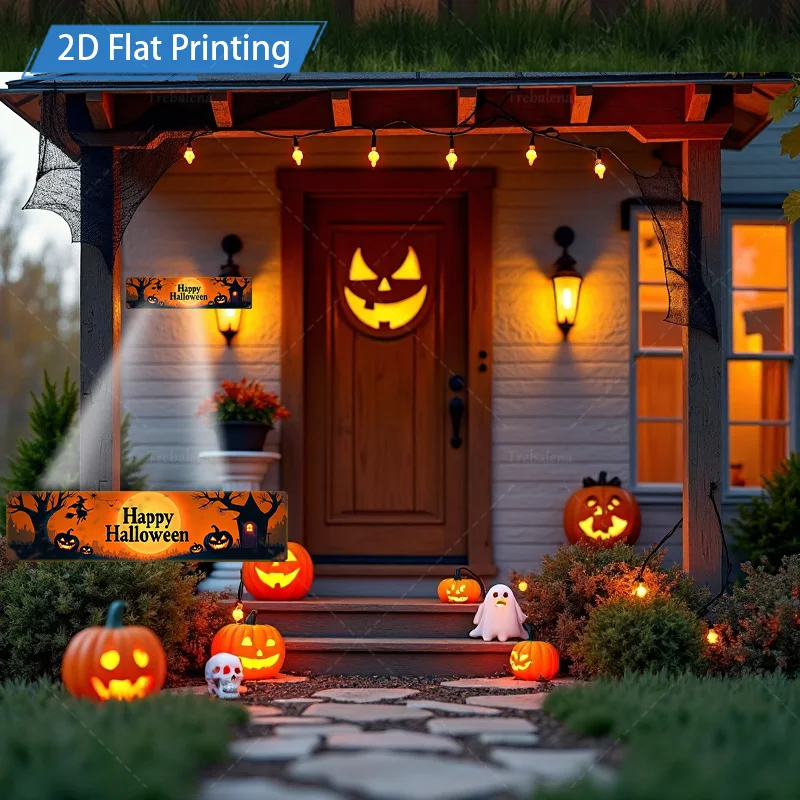 1pc Metal Sign, 4x16inch Halloween Flat Printing Metal Sign, Happy Halloween Pumpkin Bat Scene Decor