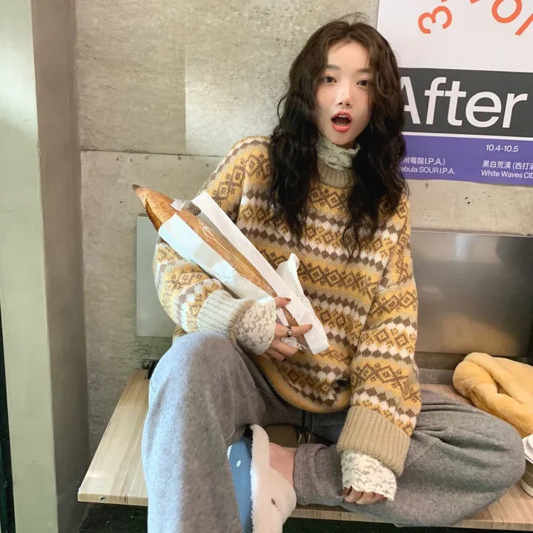 Winter Knitwear Pullover Sweaters For Women Top Blue Vintage Long Loose Sweats Warm Korea Fashion Jersey Jumper