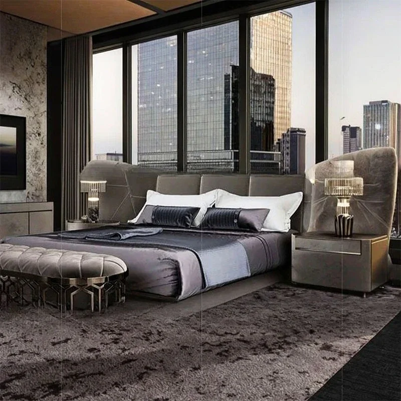 Master bedroom bed modern light luxury high-end villa microfiber leather wide-screen bed high-end large
