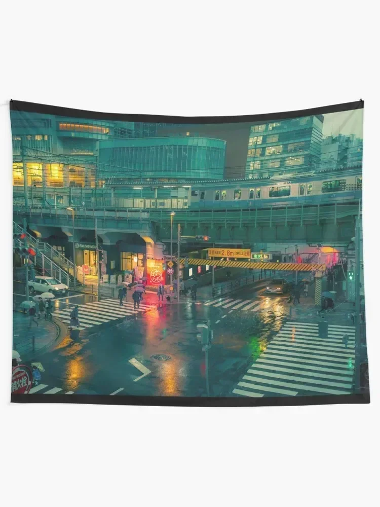 Rainy night in Neo Tokyo Matrix vibe with green and orange light reflection Tapestry House Decor Tapestry