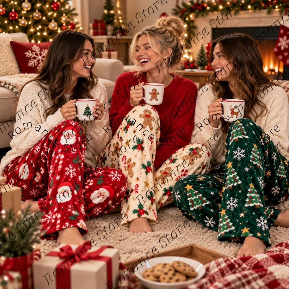 Christmas Element Print Flannel Pajama Pants for Women Soft Warm Flannel Sleep Trousers Santa Reindeer Gingerbread Home Pants