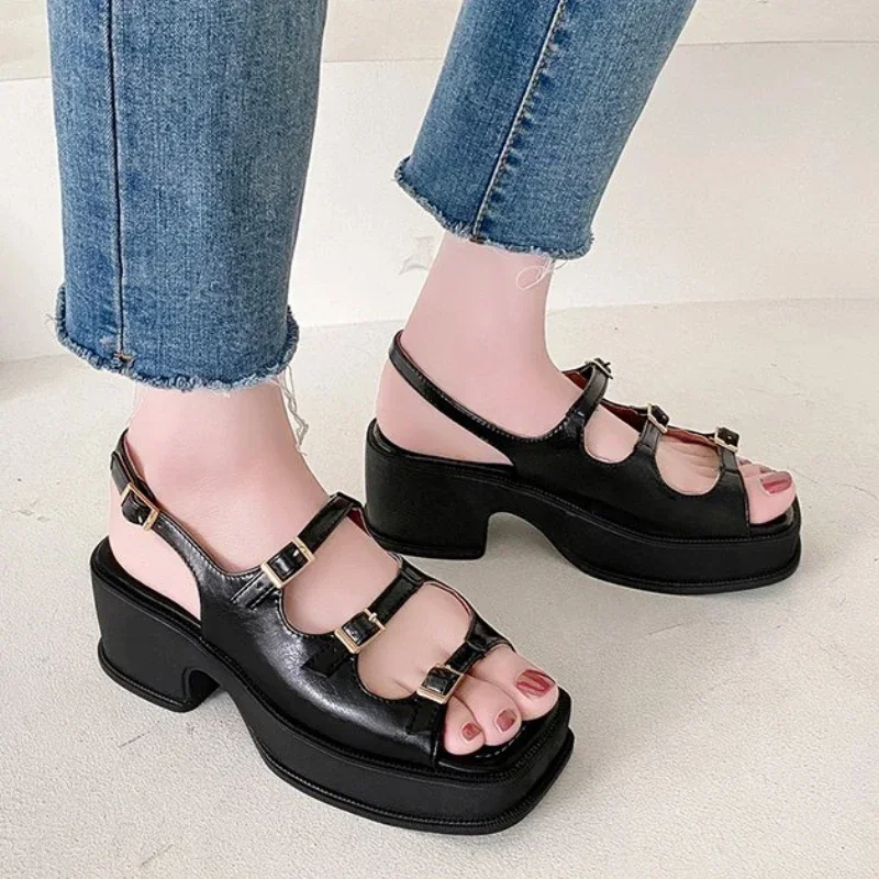 2024 New Platform Sandals Ladies High Heels Summer women sandals Wedge Sandals Open Toe Shallow Solid Color Buckle Casual