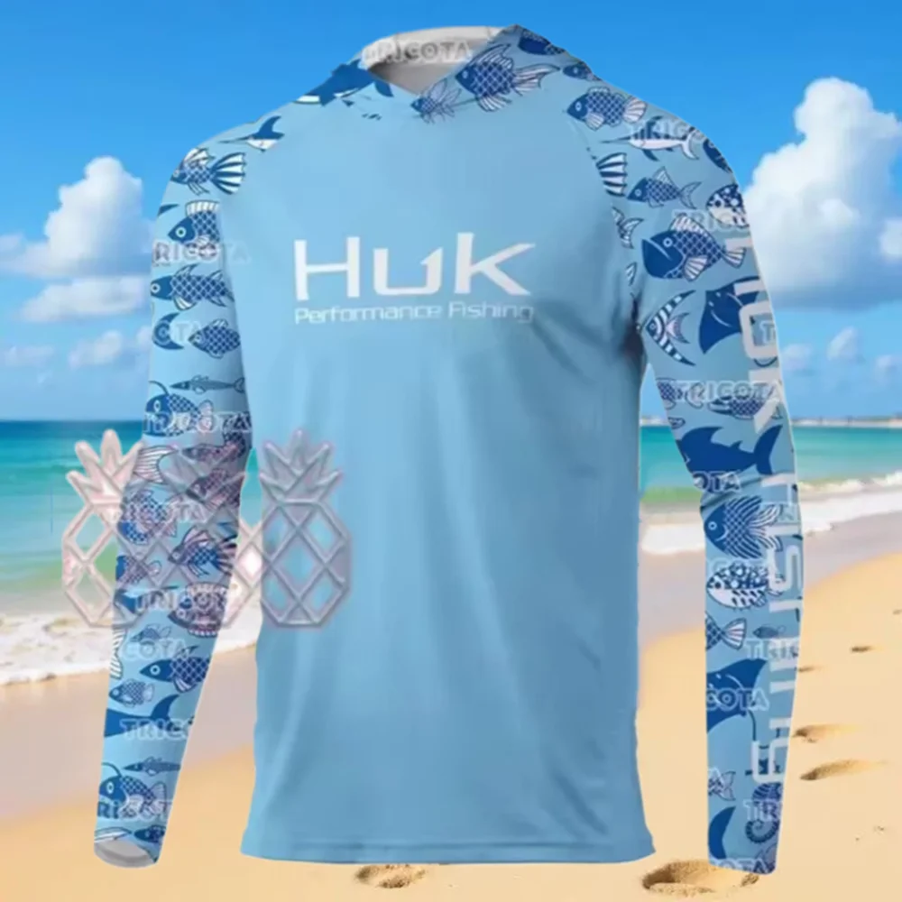 

HUK Men's Camouflage Fishing Shirt with Hood Outdoor Sun Protection Breathable Anti-UV Fishing Clothes T-shirt Ropa De Pesca