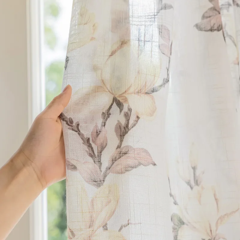 Chinese Style Beige Yellow Flowers Tulle Curtains for Living Room Floral Linen Warp Ruffled Curtains for Bedroom Kitchen #A271