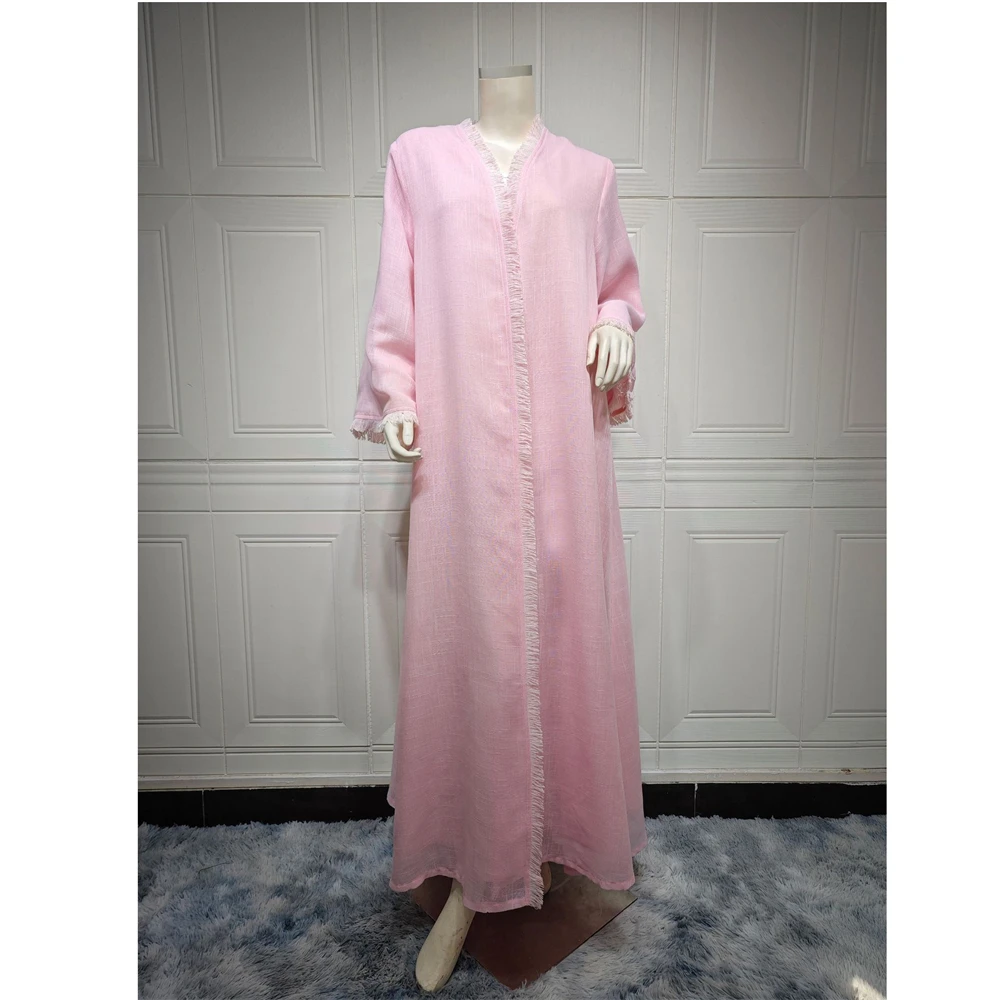 Abayas para Mulheres, Open Abaya, Tassel Simples, Dubai Casual, Abayas Modest de Linho de Algodão, Turquia Muslim Robe, Eid Ramadan, Turquia Vestuário