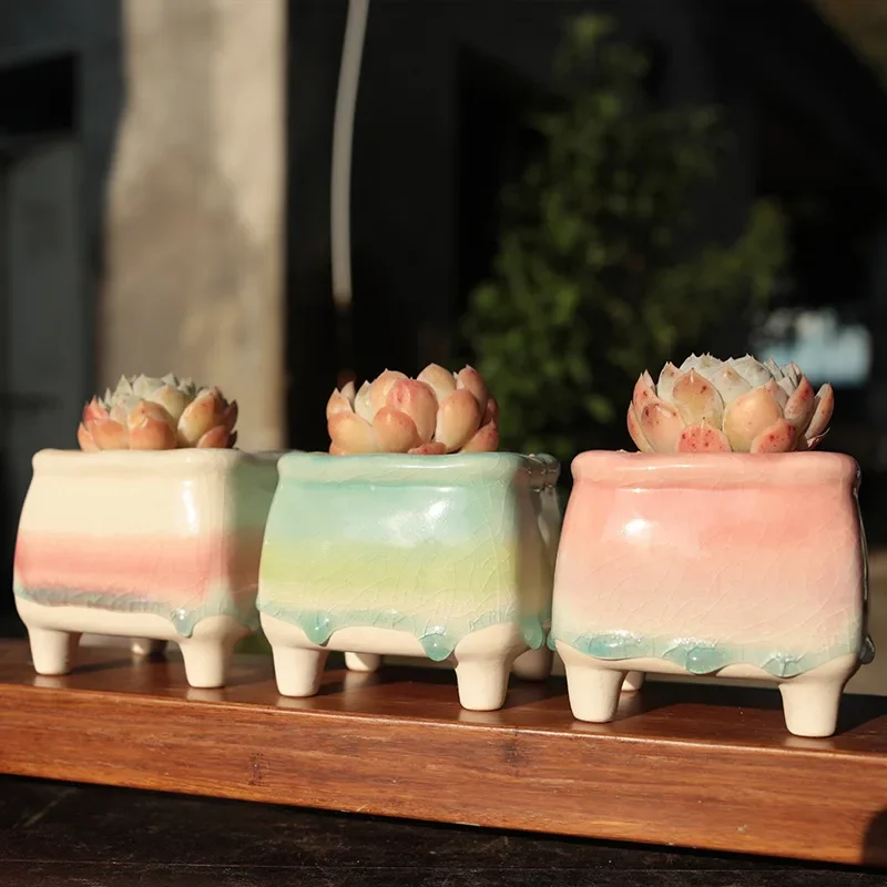 Ice Crack Flow Glaze Flowerpot Creative Fresh  Fleshy Plant Flowerpot Simple  Lovely Korean Style Home Decoration Crafts