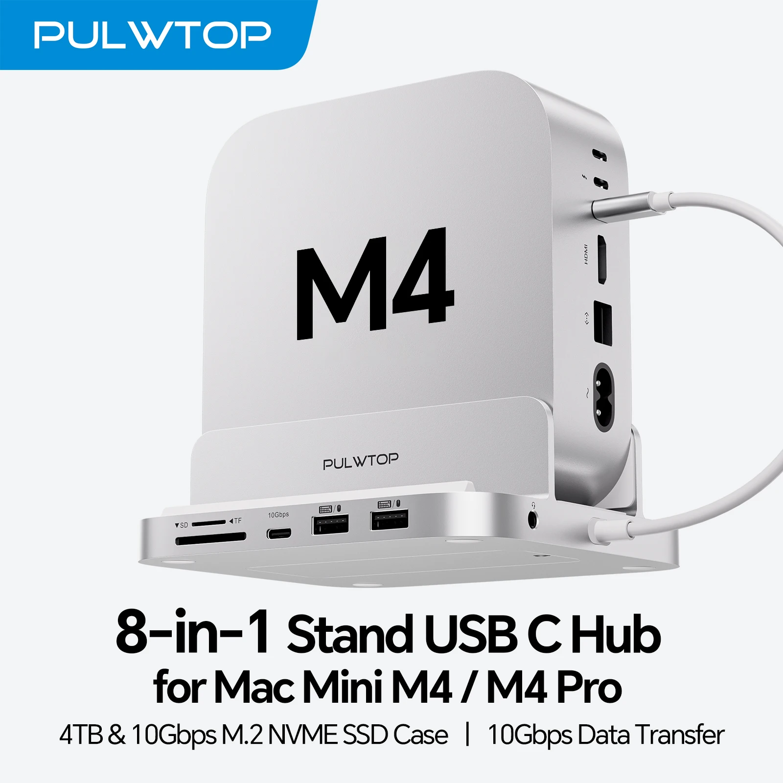 

Вертикальная док-станция PULWTOP для Mac Mini M4 с корпусом для SSD на 4 ТБ, USB A/C 3.2 10 Гбит/с, USB A 2.0, SD/TF, аудио для Mini M4 / M4 Pro 2024