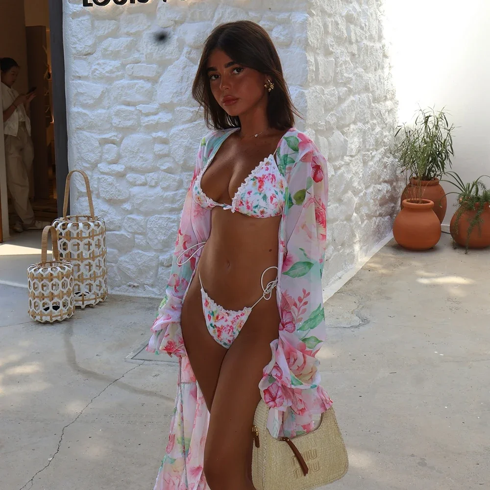 

3 Pieces Floral Bikini Swimsuit with Cover Up kimonos Swimwear Women Bathing Suit Bandage Bikini Set Swimming Suits Biquini