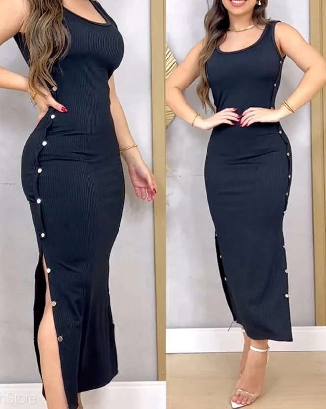 

2023 New Commuting Casual Fashionable and Sexy Skinny Scoop Neck Slim Fit Buttoned Sleeveless Ribbed Midi Slit Dress for Women