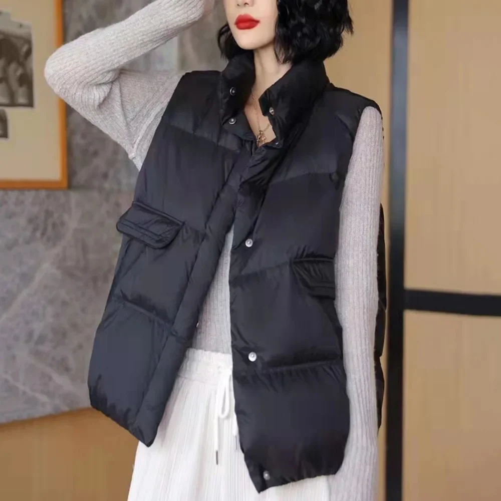 White Duck Down Vest Sleeveless Jacket  2024 Autumn Winter New Women Waistcoat Gilet Stand Collar Casual Fashion Korean Style