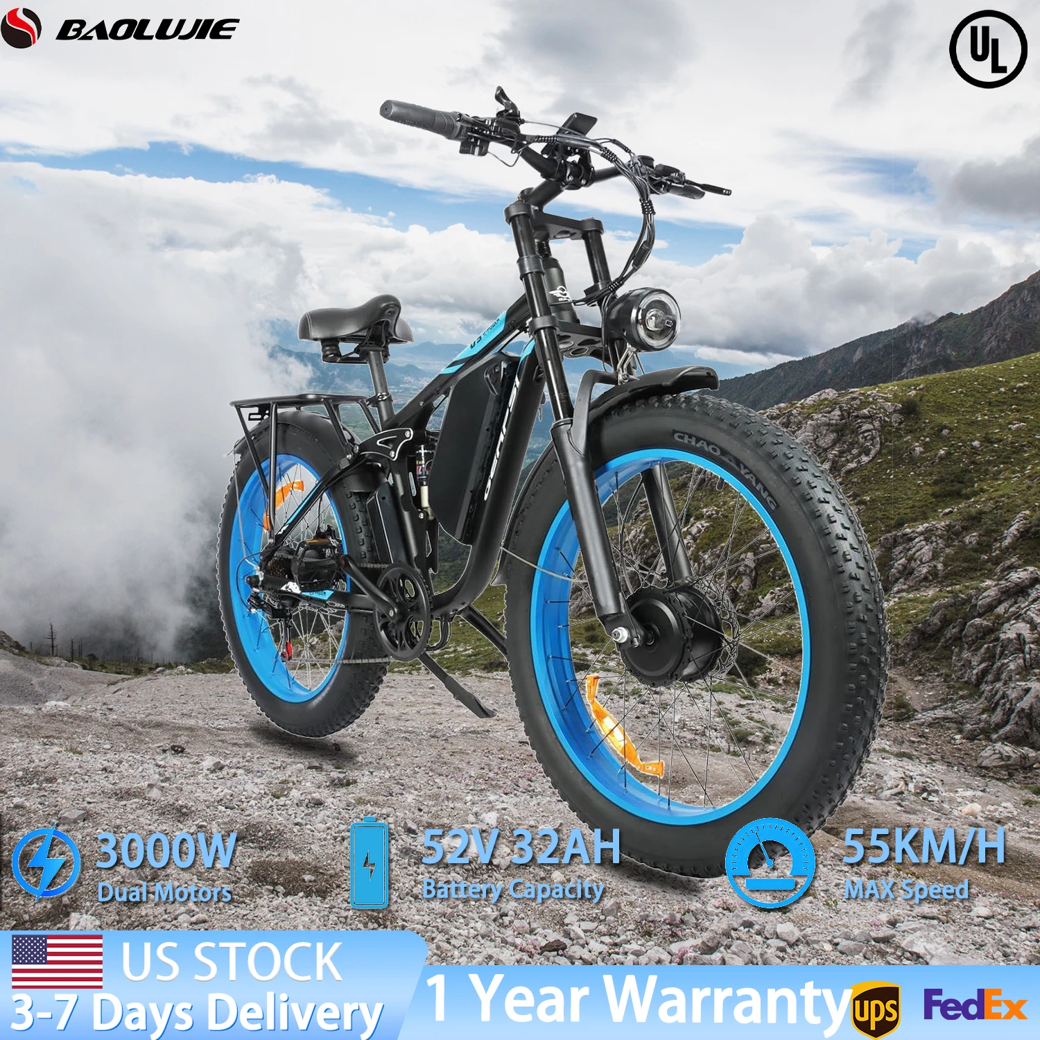 【1-летняя гарантия】Электрический велосипед BAOLUJIE 2603 для взрослых, электрический велосипед 52 В 32 Ач, электронный велосипед 3000 Вт, горные электронные велосипеды, двойные двигатели