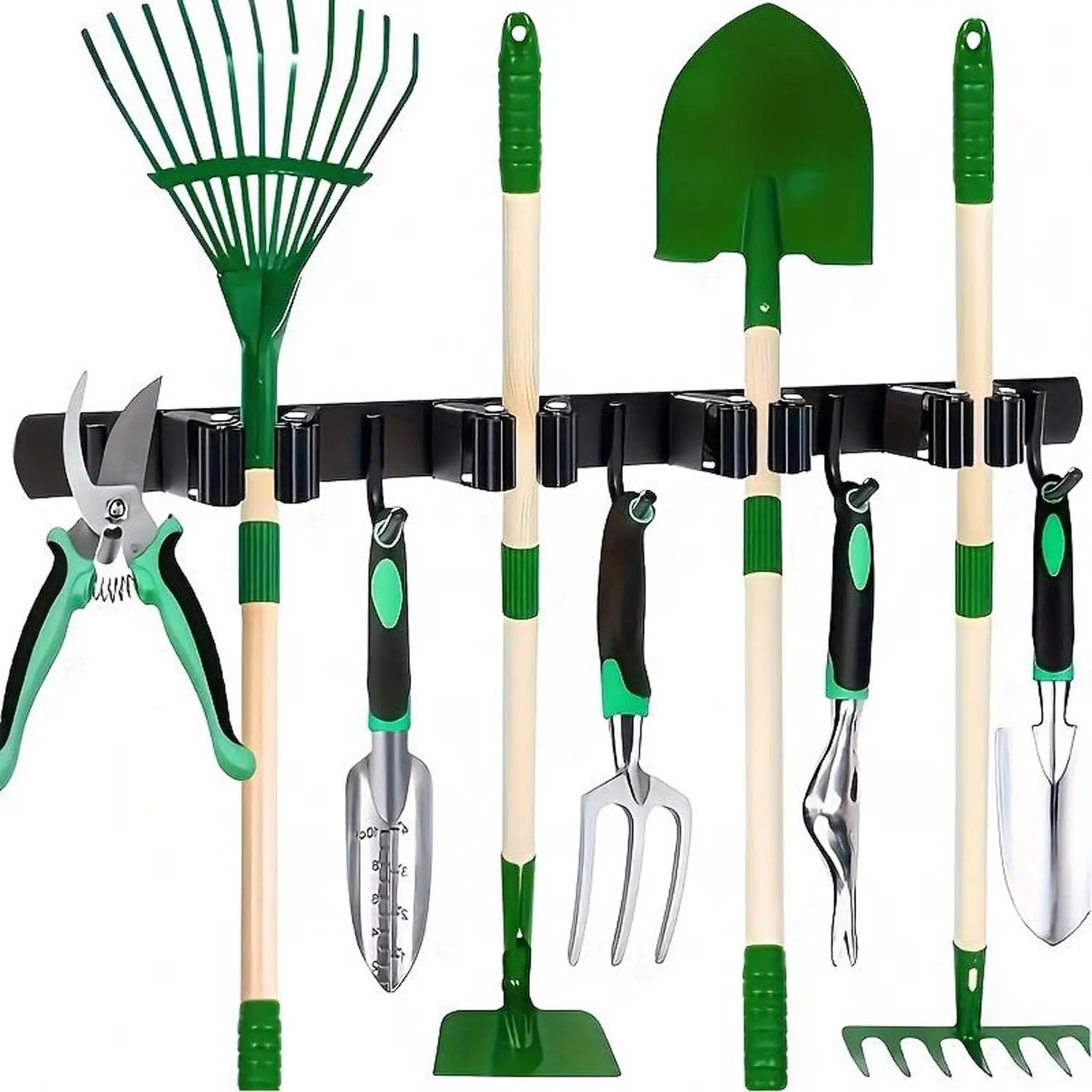 Porta-attrezzi da parete in acciaio inossidabile, robusto e antiscivolo, per riporre scope e moci, con 4 scomparti e 5 ganci, ideale per scope da giardino, attrezzi da garage, cucina, bagno e
