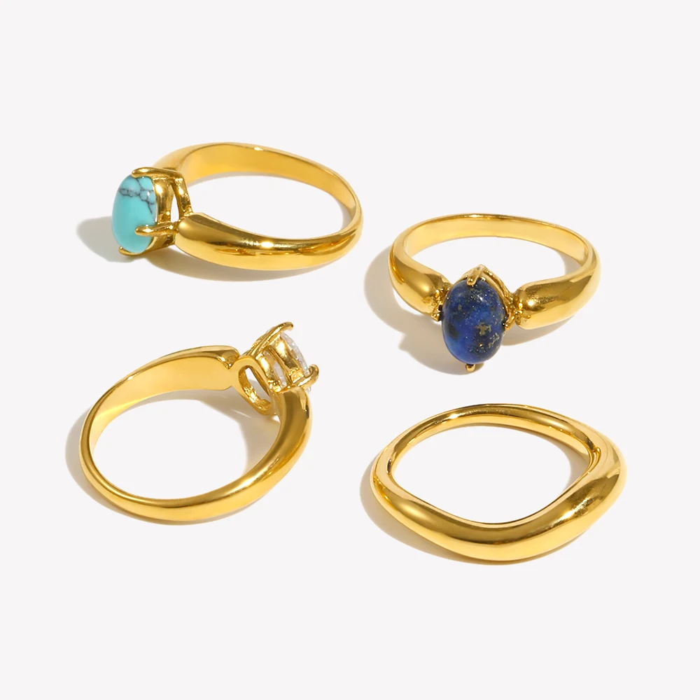 E.B.belle Gem Lapis Turquoise 3A Cubic Zirconia Colorful Rainbow Crystal Rings For Woman Gold Plated Stainless Steel Ring